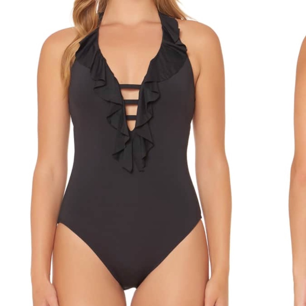 EUC Black blue rod Beattie ruffle one piece 8